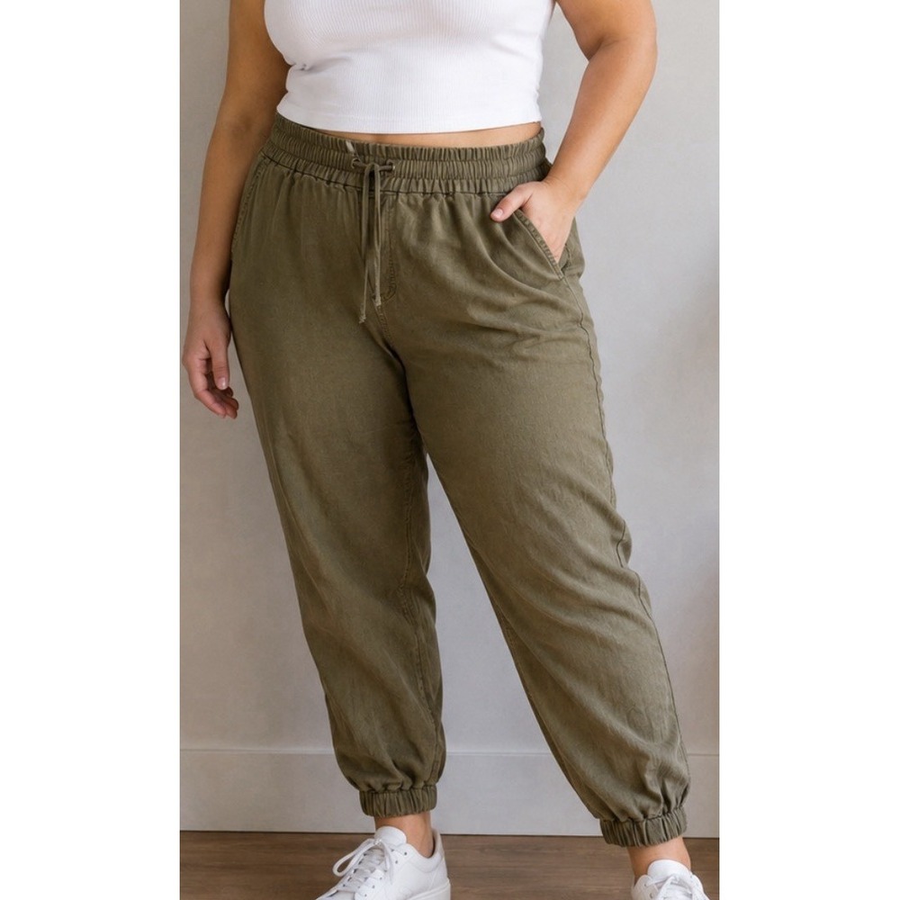 Point Sur Women's Elastic Waist Tapered Leg Pants Military Green Sz T10 Linen - Picture 2 of 9